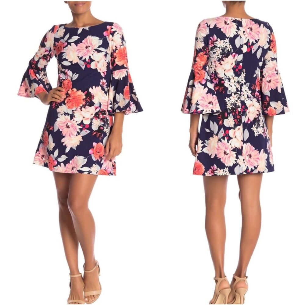 Eliza J Blue Floral Bell Sleeve Shift Dress 2